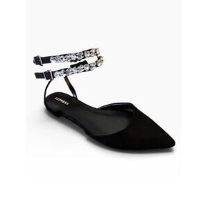 Express Black Rhinestone Double Ankle Strap Pointed-Toe Flats – Size 8.5